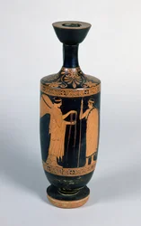 Attic Lekythos, föreställande en nike (bevingad seger) som erbjuder en krans till en ungdom, c.480-470 f.Kr. (keramik)